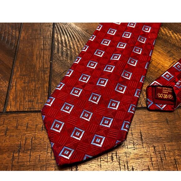 Villa Bolgheri Red with Light Blue Squares, Geometric, Silk, Formal, Business - Picture 3 of 7